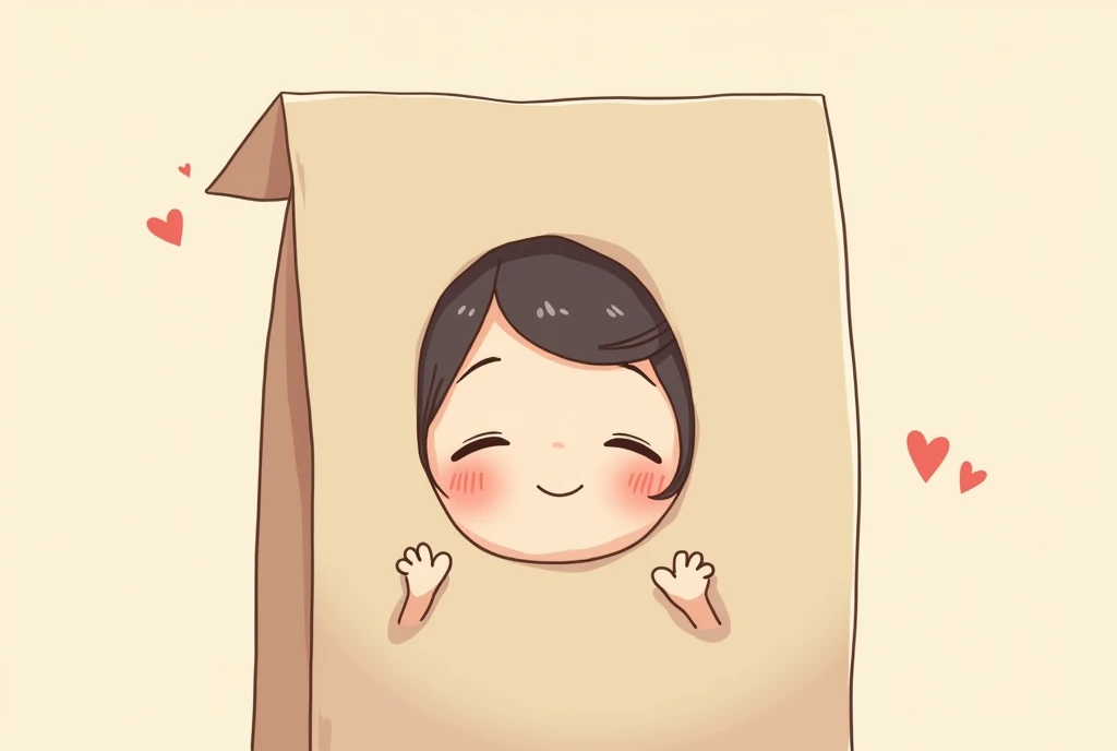 Cartoon image of a using a paper bag to cover her head, cartoon, cute cartoon, cute cartoon style, motherly love, cute illustration, clean anime art, simple background