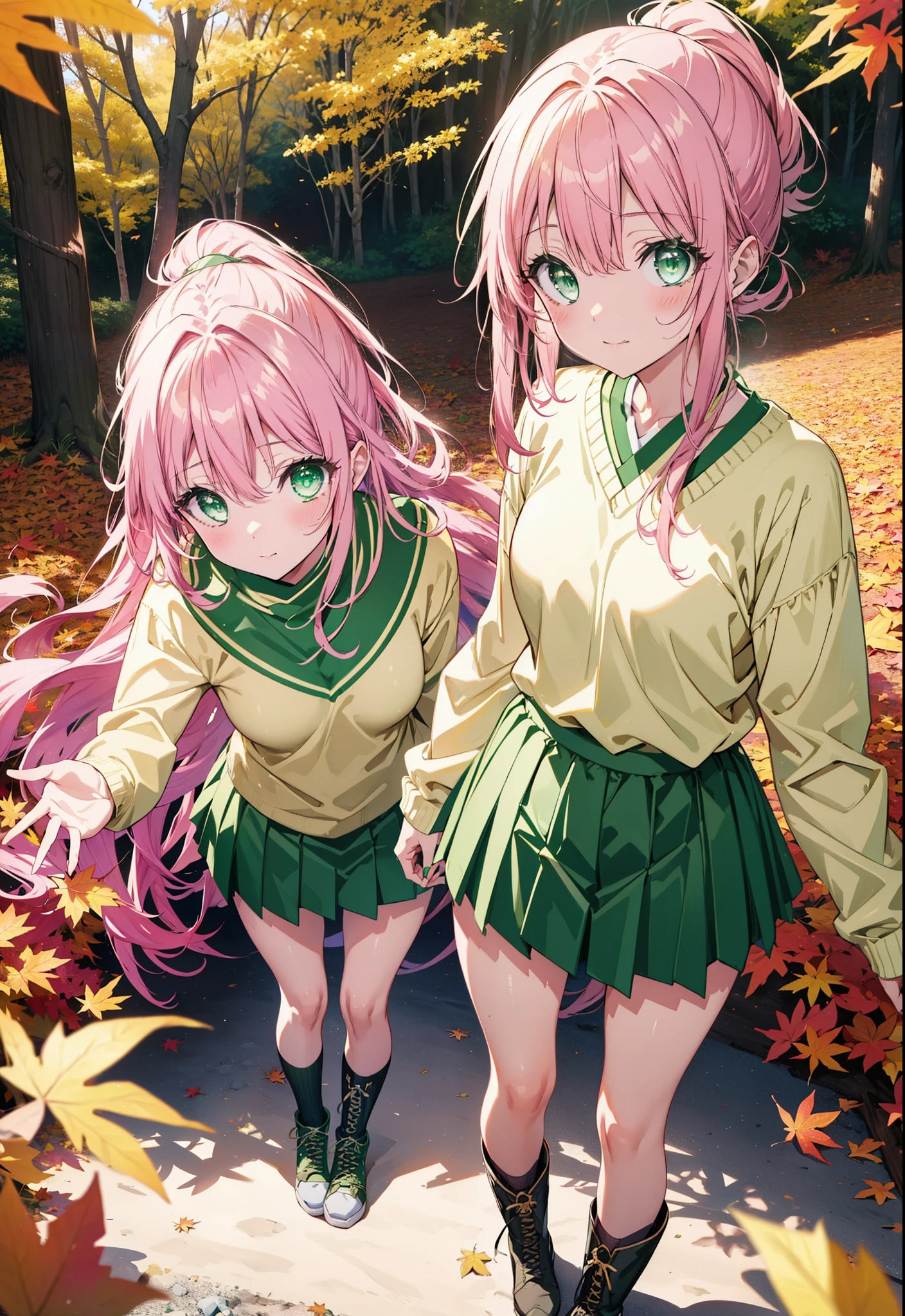 Laladevi Luke, Lara Deviluke, Long Hair, Pink Hair, tail, Ahoge, bangs, hair ornaments, (Green Eyes:1.5), smile,Open your mouth,ponytail,Open your mouth,blush,
break demon tail, One-shoulder sweater,mini skirt,black tights, short boots,autumn leaves,autumn leavesが散っている,autumn leavesが積もっている,Daytime,Clear skies,whole bodyがイラストに入るように,
break outdoors, forest,
break looking at viewer, whole body,
break (masterpiece:1.2), Highest quality, High resolution, unity 8k wallpaper, (figure:0.8), (beautiful detailed eyes:1.6), extremely detailed face, Perfect lighting, extremely detailed CG, (Perfect hands, Perfect Anatomy),