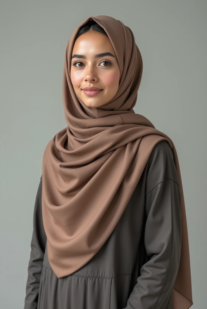 Portrait of 30 years old muslim woman wearing a hijab, proper face, standing streight, frontal view, looking at camera, no facial expression, no make-up, photorealism:1.2, high detail, high resolution, 4K, UHD