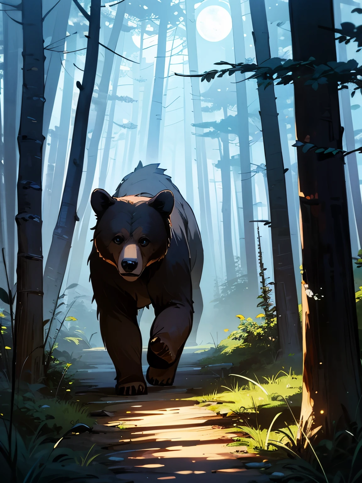 Brown bear walking through the forest at night, moonlight, wood々Shadow of, Mysterious atmosphere, Silent Forest