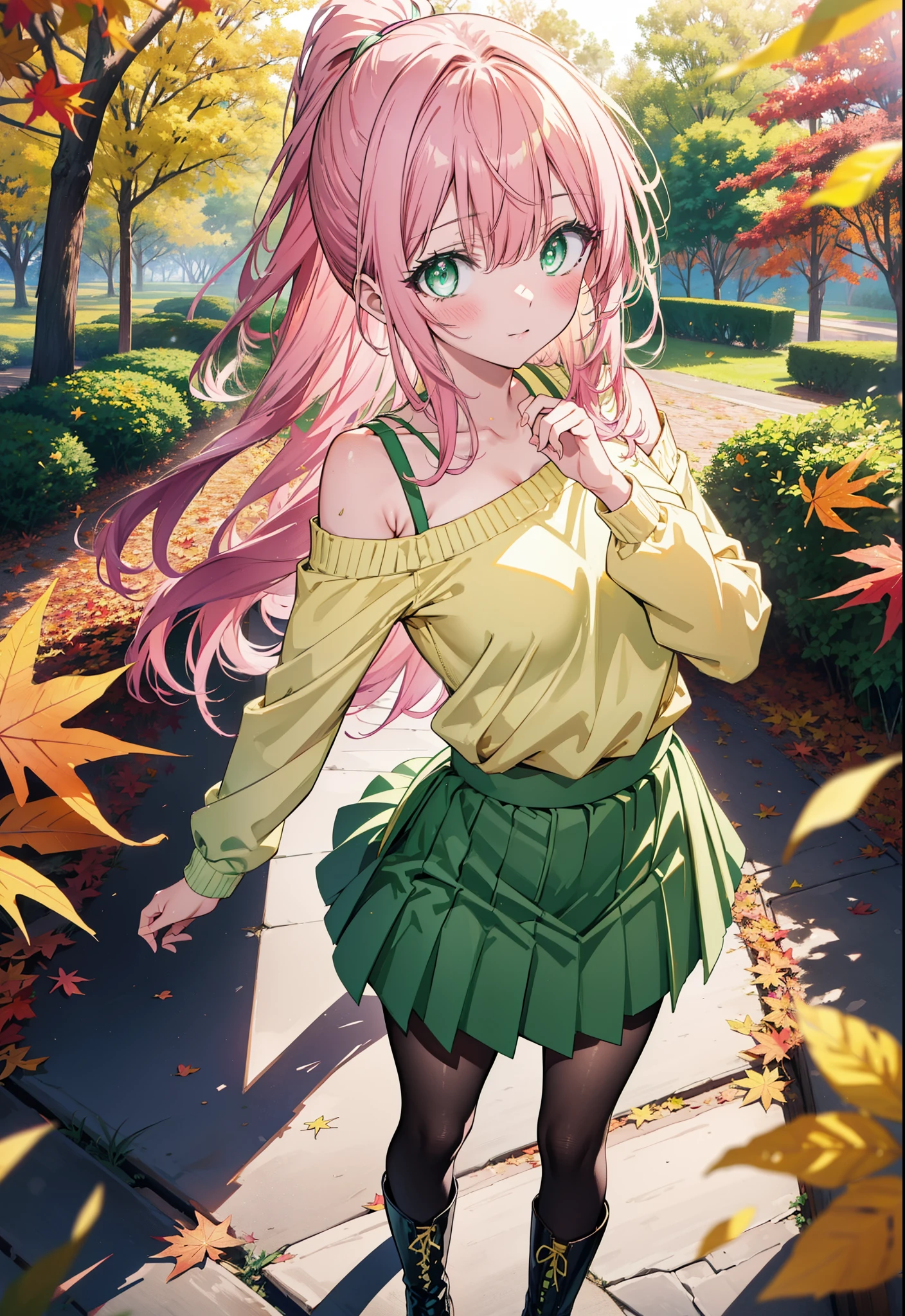 Laladevi Luke, Lara Deviluke, Long Hair, Pink Hair, tail, Ahoge, bangs, hair ornaments, (Green Eyes:1.5), smile,Open your mouth,ponytail,Open your mouth,blush,
break demon tail, One-shoulder sweater,mini skirt,black tights, short boots,autumn leaves,autumn leavesが散っている,autumn leavesが積もっている,Daytime,Clear skies,whole bodyがイラストに入るように,
break outdoors, forest,
break looking at viewer, whole body,
break (masterpiece:1.2), Highest quality, High resolution, unity 8k wallpaper, (figure:0.8), (beautiful detailed eyes:1.6), extremely detailed face, Perfect lighting, extremely detailed CG, (Perfect hands, Perfect ???????),