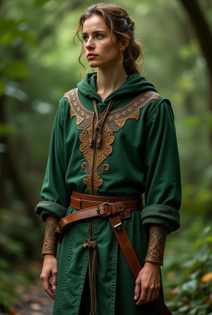 a short green tunic that has intricate leather patterns and comes down just past the hips