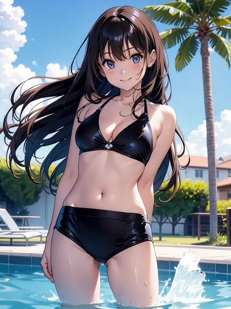 Woman, cute, adorable, smiling, straight hair, long hair, black hair, standing, Swayback stance, looking at the camera, From the front, from thighs to head, pool, daylight, bikini