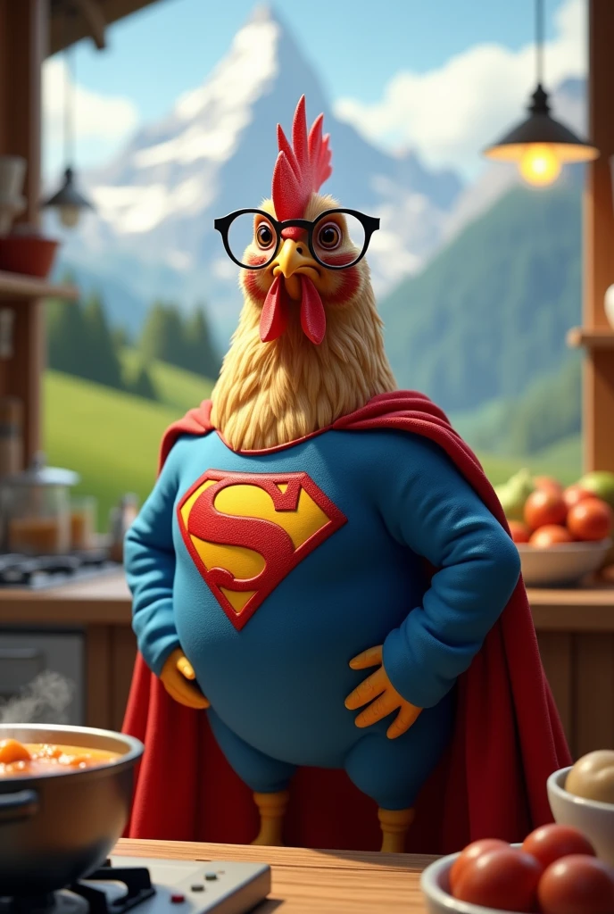 A hen wearing glasses and superman suit
in Switzerland and cooking suop