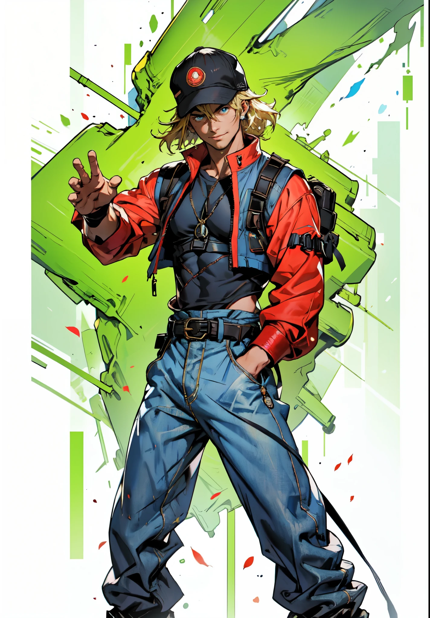 (masterpiece:1.2, best quality:1.2, extremely delicate:1.2), ((male:1.5)), a young man with blonde hair, wearing a red baseball cap backward, messy bangs windblown, a handsome face, a lazy gaze, a confident smile, a fantasy-realism style blue work vest jacket, underneath is a dark blue denim long robe with a long hem, a leather belt, loose coarse cloth trousers, strikes a kung fu pose in a horse stance, as fallen leaves are swept up by a whirlwind around him, this character embodies a finely crafted fantasy-realism style kung fu warrior in anime style, exquisite and mature manga art style, dramatic, high definition, highres, ultra-detailed, ultra-fine painting, professional, perfect body proportions, golden ratio, anatomically correct, symmetrical face, extremely detailed eyes and face, high quality eyes, creativity, RAW photo, UHD, 32k, Natural light, cinematic lighting, (masterpiece-anatomy-perfect:1.2)