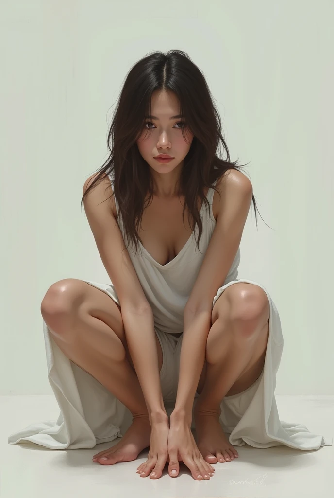 A woman squatting in front of me without showing her breasts