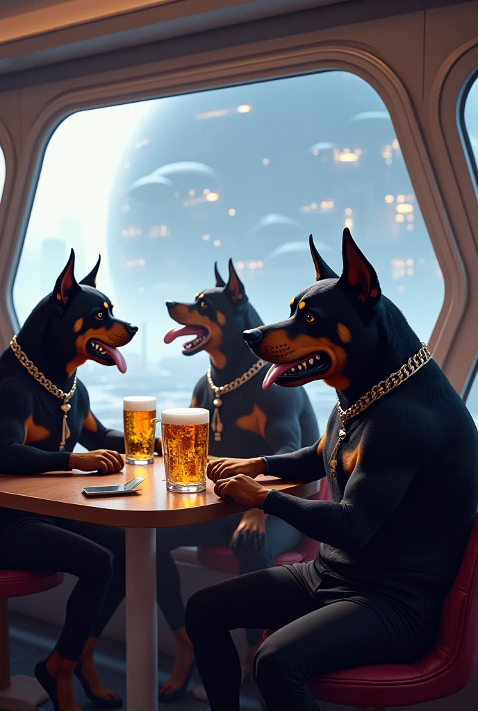  rotwillers enjoying beer and view
From sci-fi restaurant in goons look 
