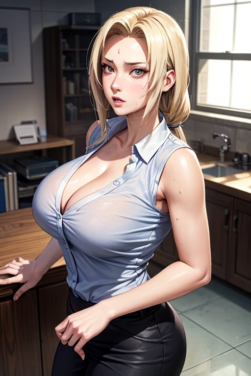 masterpiece, Highest quality, (Unreal Engine), Super Resolution, Very detailed, Complex, colorful, Clear images, Sharp focus, Digital Blending,
One Woman, Senju Tsunade, Tsunade, Big Breasts, Saggy breasts, Butt, Perfect Eyes, Perfect Face, Ultra detailed hair, Ultra detailed face, Very detailed lips, Vivid expression, Healthy Body, Beautifully detailed sweat glands, Smooth skin texture, Carefully drawn,
((humidity:1.2), Sticky with sweat), (Wear a tight business suit,Bold sexy pose),
indoor, At work in the city, (Shot on Sony α9, Dynamic Angle), Browsing Caution,