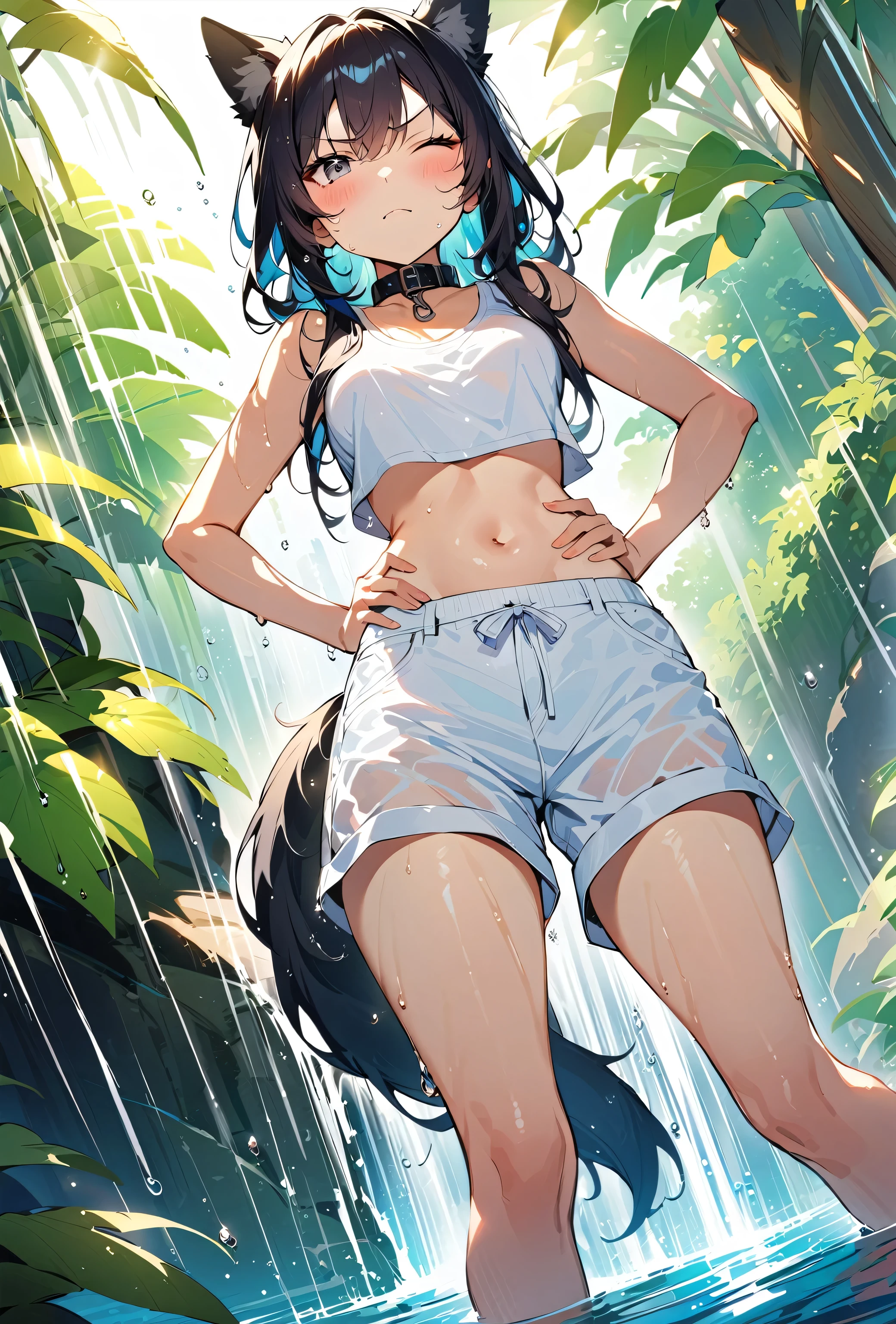 1girl, solo, multiple colored hairs, smile, leaning forward, outside, posing, background, amazon warrior outfit, ponytail, (view from side), profile, side, , (tomboy), black hair, slender, pert ass, high details, sharp detailed face, detailed eyes, young, long and wild amazon hair, amazon, long hair, tattoo, tanned, in waterfall, waterfall, hands en head, washing hair, wash hair, take a shower, shower in waterfall, very small breasts, fur, revealing amazon outfit, ikuchan, thong, pert ass, asscheeks, thong wedged between asscheeks, big asscheeks, tribal tattoos, tattoo on asscheek, (cattle brand on asscheek), pregnant, pregnancy, pregnant belly close eyes, relax, soap on body, take a shower.