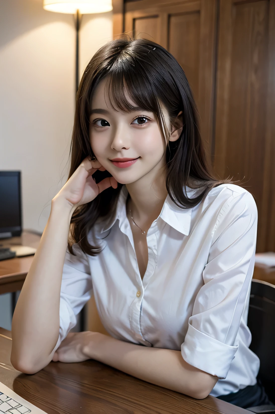 Tabletop, masterpiece, top quality, high resolution, HDR, 8k, very beautiful Japanese girl in casual office shirt, black hair, bangs, big breasts, concentrated face, smile, happy, random pose, perfect