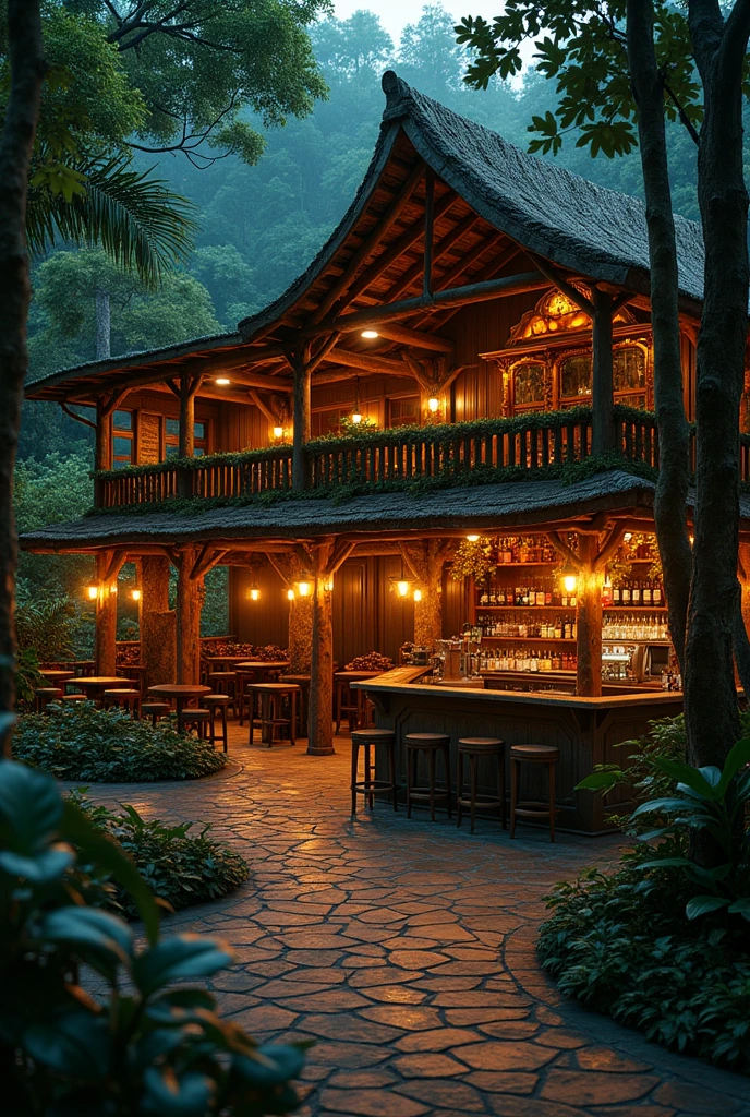a pub, Amazonian regional footprint, rustic and with mirrors, river footprint with Chopp, forest and glass, a cozy nighttime environment for lovers of the Amazon, pub and drinks 