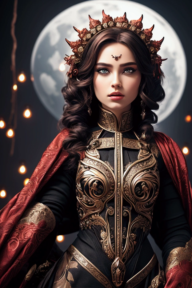 An astrological event happens
before the eyes of the goddess of
the cosmos, amazing depth
masterwork, surreal, geometric
patterns, intricately detailed
bokeh, perfect balanced, deep fine
borders, artistic photorealism , a
rough, mature image, red accents
inhabit the demons