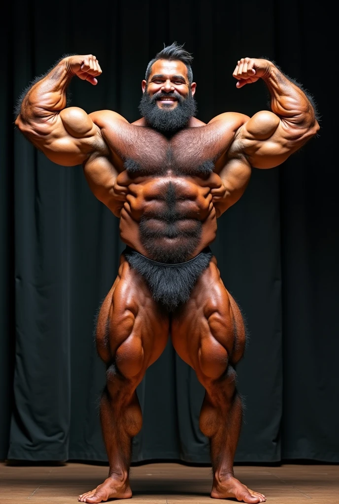 um homem de Porto Rico big fit ass peludo e barbudo axilas bem peludas posando em um palco com os braços levantados e um sorriso no rosto, body builder physique, Physicist exagerado, Physicist muscular exagerado, Mr. Universe, big fit ass, long, stark, Physicist |, corpo fitness ifbb, body builder posing, body builder, body builder body, ernest khalimov body, posing and flexing, Physicist exageradamente big fit ass, body builder
