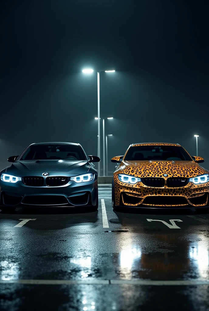 A highly realistic image of two bmw cars viewed from the front, parked side by side in a dimly lit parking lot at night. Both cars have their headlights on, illuminating the area in front of them. The first car on the left is a sleek, matte black vehicle with an aggressive, modern design. The second car on the right has a striking leopard print exterior, bold and eye-catching. The parking lot has typical features like marked parking spaces, and there are faint reflections on the wet asphalt from the cars' lights