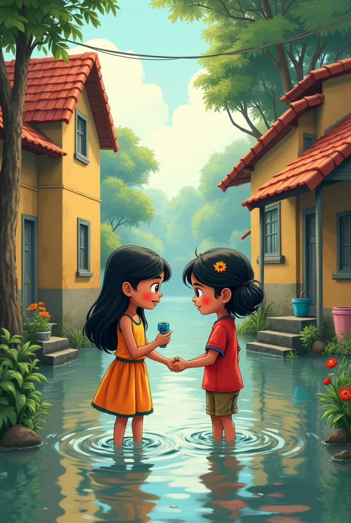 Mithu lived in a small village. One day it suddenly rained heavily. The water in the river began to rise. Mithu's house was flooded. Mithu got scared.
Just then the girl next door, Rhea came. Riya started helping Mithu. They went upstairs together. Riya told Mithu a story and started playing with toys. Mithu was no longer afraid.
After a few days the water receded. Mithu and Riya started cleaning the house together. They understood that all problems can be solved if they are together.
Therefore, we can learn from this story that helping in times of disaster keeps everyone safe.
Give one picture in each line