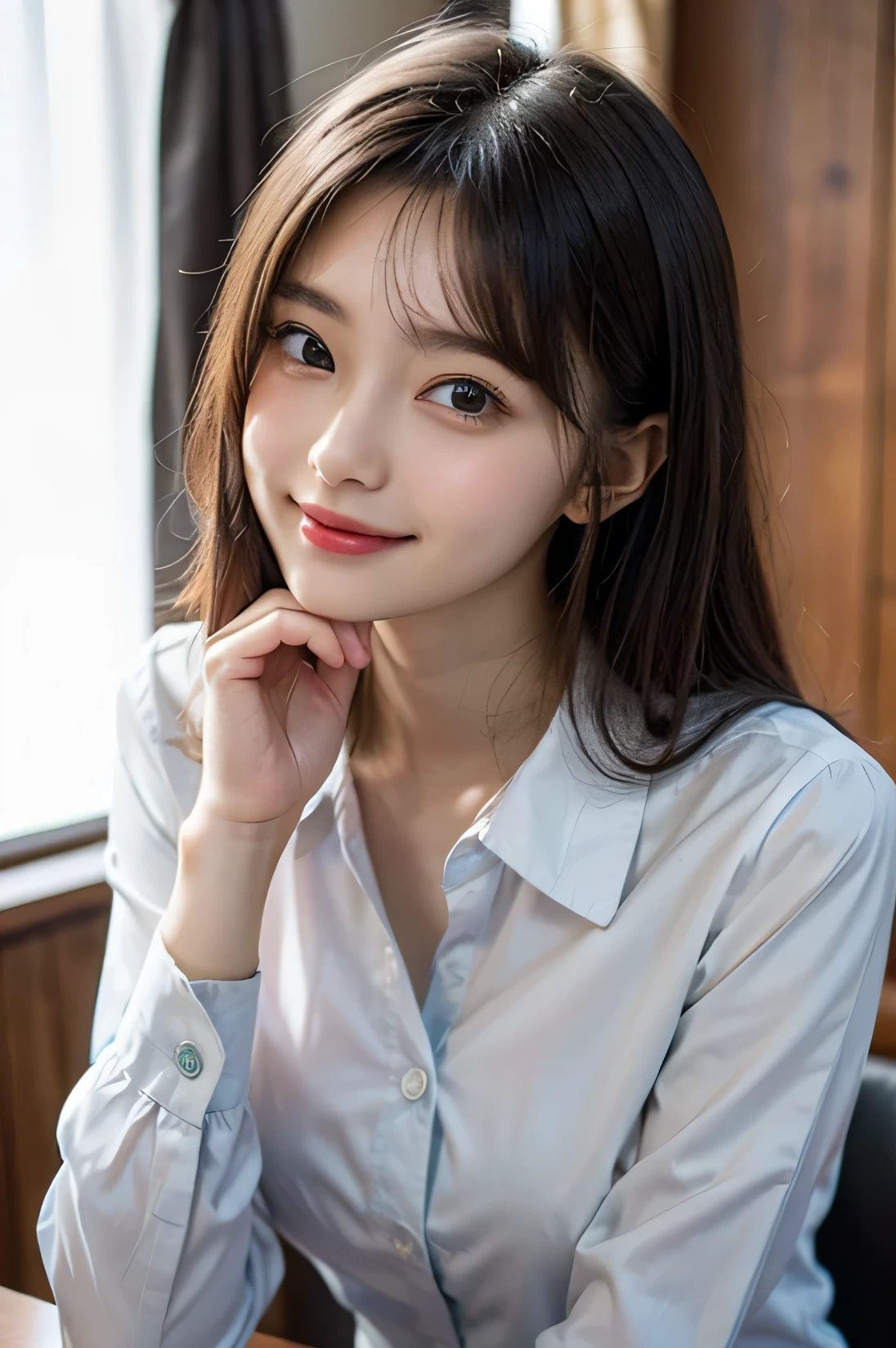 Tabletop, masterpiece, top quality, high resolution, HDR, 8k, very beautiful Japanese girl in casual office shirt, black hair, bangs, （big breasts）, concentrated face, smile, happy, random pose, perfect