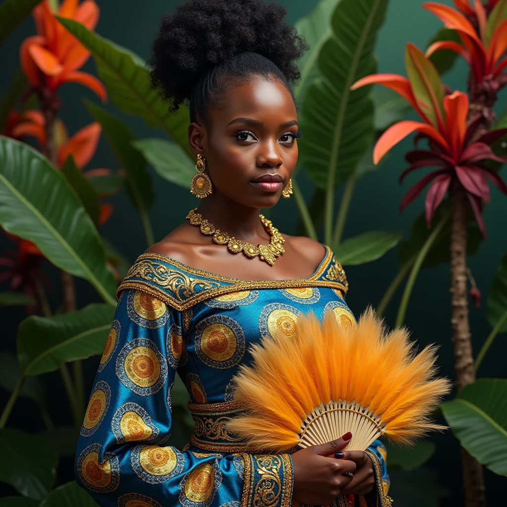 A breathtaking portrait of Lupita Nyong'o dressed in a vibrant, traditional African-inspired outfit. The dress features bold patterns in shades of blue and gold, adorned with intricate beadwork and embroidery. Her hair is styled in an elegant updo, with gold accessories that complement her outfit. Lupita stands gracefully, holding a beautiful fan made of feathers. The background is a lush, tropical jungle with vivid flowers and exotic birds, emphasizing her connection to nature and her heritage. Her eyes are warm and inviting, radiating wisdom and elegance.