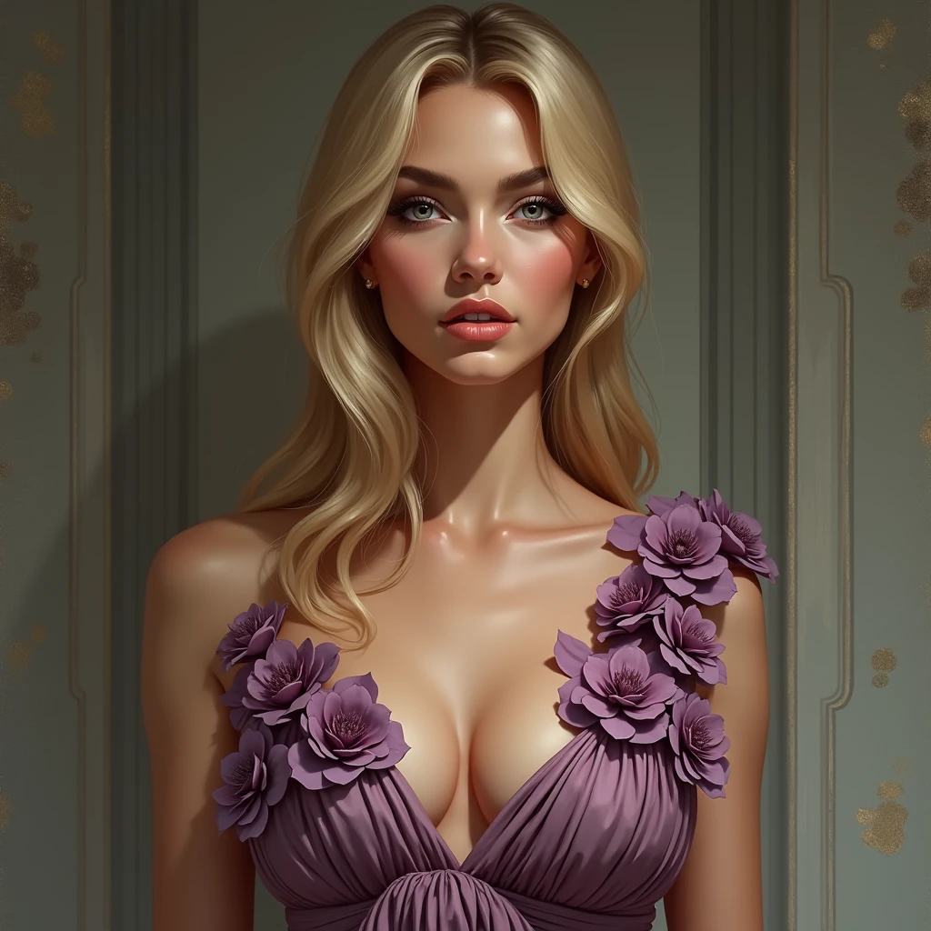 visage réaliste et détaillé. "Un portrait d'une femme blonde de 27 ans portant une tenue très sexy robe en fleur mauve