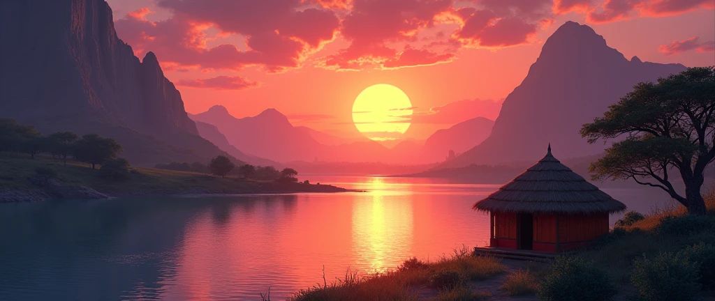 Breathtaking view of the African wilderness, beautiful sunrise over a tranquil lake, a very small African hut on one side of the scene, dramatic cinematic lighting, majestic rock formations, no animals or evil, breathtaking view, high detail, (best quality, 4k, 8k, high definition, masterpiece: 1.2), high detail, (realistic, realistic, photorealistic: 1.37), dramatic lighting, cinematic composition Pixar style close to cartoon, the land area is larger than the lake Trees and rocks Attention to precise theatrical perspective High quality on the scale of theatrical design Clear details Greek character dominates the setting, D&D game. Animation style Asar African tribe