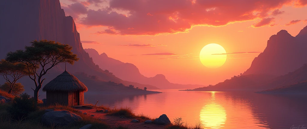 Breathtaking view of the African wilderness, beautiful sunrise over a tranquil lake, a very small African hut on one side of the scene, dramatic cinematic lighting, majestic rock formations, no animals or evil, breathtaking view, high detail, (best quality, 4k, 8k, high definition, masterpiece: 1.2), high detail, (realistic, realistic, photorealistic: 1.37), dramatic lighting, cinematic composition Pixar style close to cartoon, the land area is larger than the lake Trees and rocks Attention to precise theatrical perspective High quality on the scale of theatrical design Clear details Greek character dominates the setting, D&D game. Animation style Asar African tribe