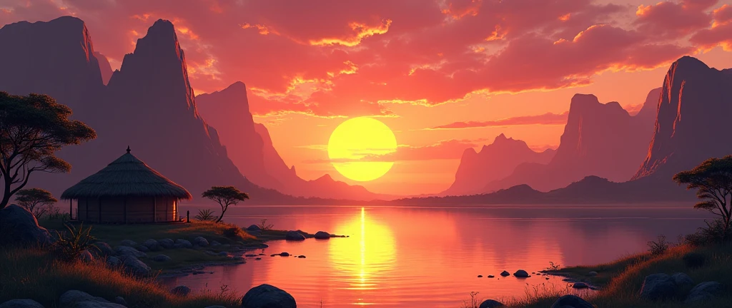 Breathtaking view of the African wilderness, beautiful sunrise over a tranquil lake, a very small African hut on one side of the scene, dramatic cinematic lighting, majestic rock formations, no animals or evil, breathtaking view, high detail, (best quality, 4k, 8k, high definition, masterpiece: 1.2), high detail, (realistic, realistic, photorealistic: 1.37), dramatic lighting, cinematic composition Pixar style close to cartoon, the land area is larger than the lake Trees and rocks Attention to precise theatrical perspective High quality on the scale of theatrical design Clear details Greek character dominates the setting, D&D game. Animation style Asar African tribe