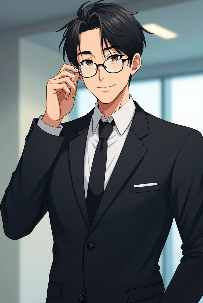 Man, black suit, glasses, background is company, businessman, kind face, skinny, anime style, holding glasses with index finger of left hand, Japanese, body and face facing forward, large