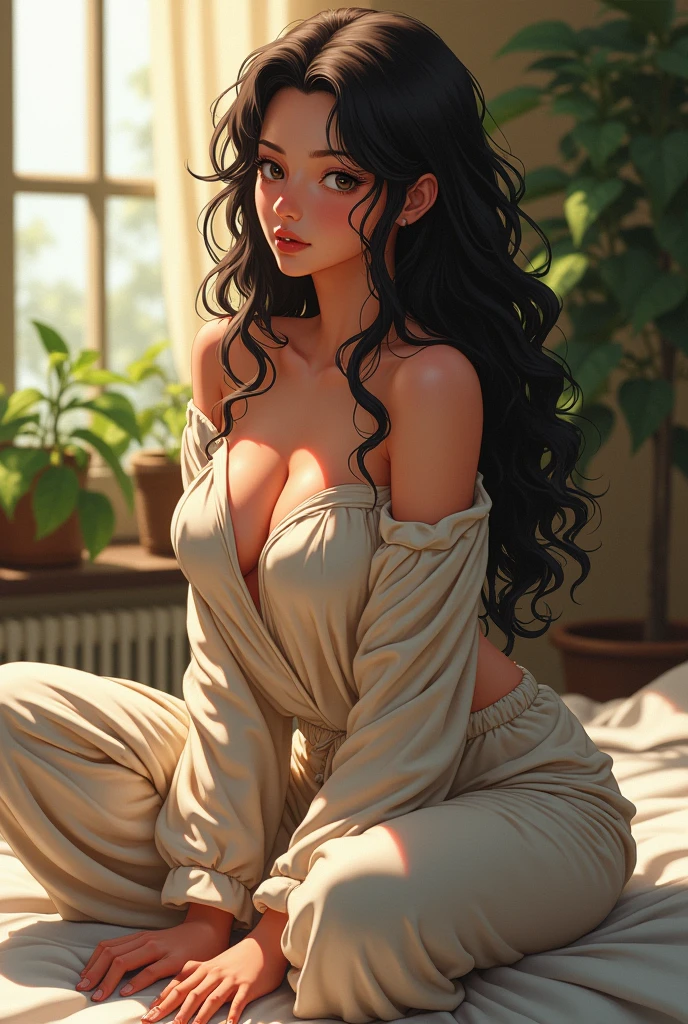 (photorealism:1.2), beautiful woman, sitting on bed, wearing loose off-shoulder top, pajama pants, long curly hair, indoors, soft lighting, plants in background, window with sunlight, cozy room, uncomfortable pose, realistic, intricate details, cold colors, anime, open mouth, extended tongue, saliva, blushing brightly