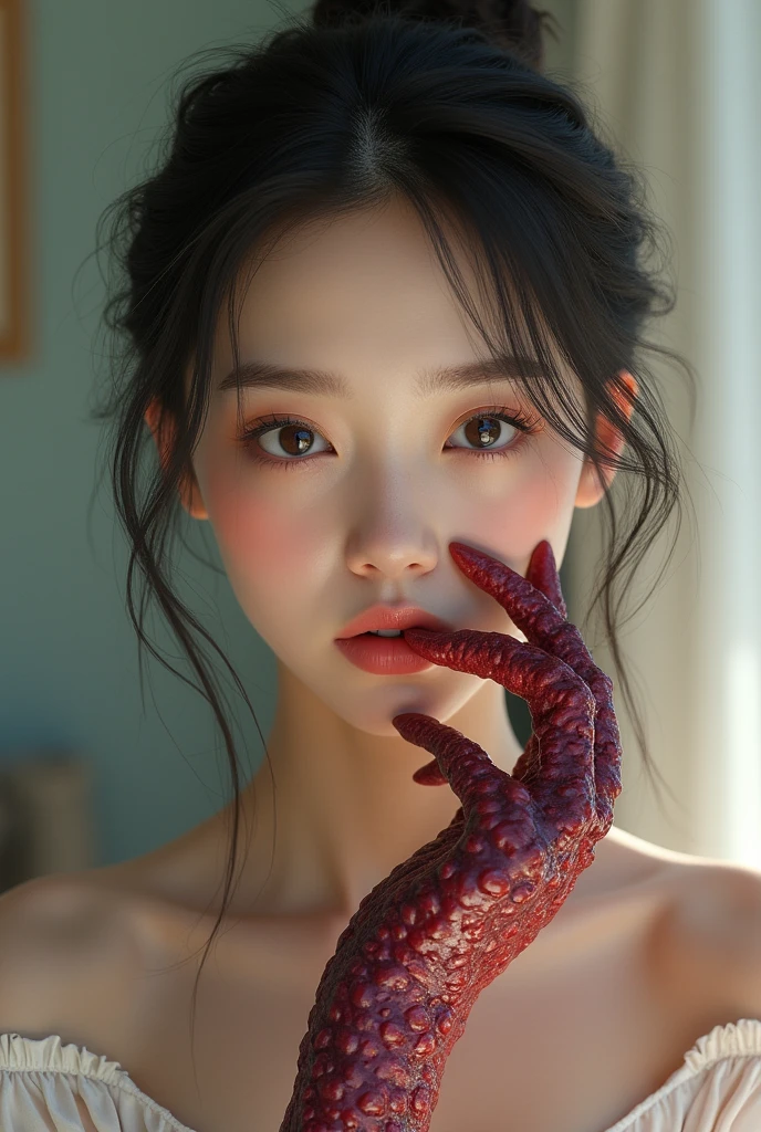 Sex Woman of Korean descent. Expression of pleasurable sex. Holding a big sausage. Wet chest. Feet wrapped in a large eel.