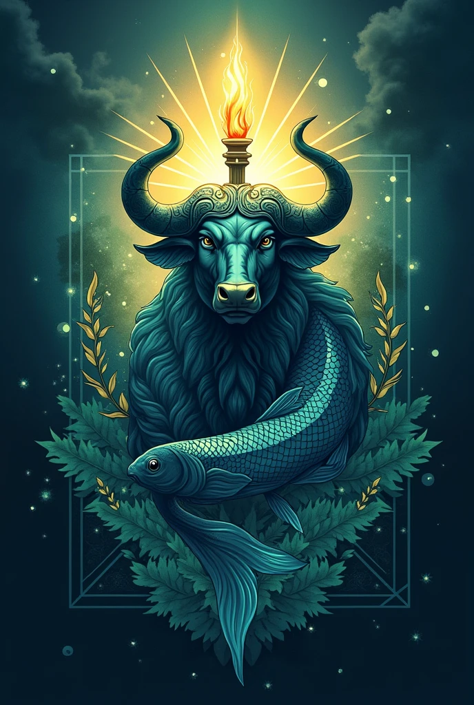 Create a visually compelling logo that combines elements of a water buffalo and a fish, incorporating blue and green colors, and features a torch, laurel, and seven sunrays.