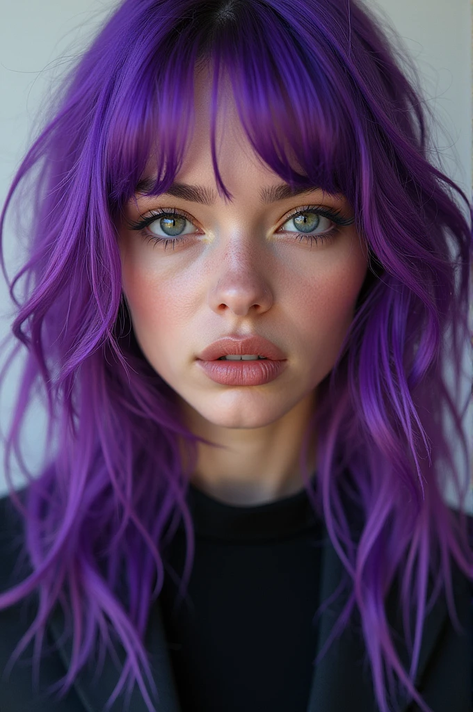 Violet haired girl, Eyes red, She has a malnourished body and is not human, forst, naked