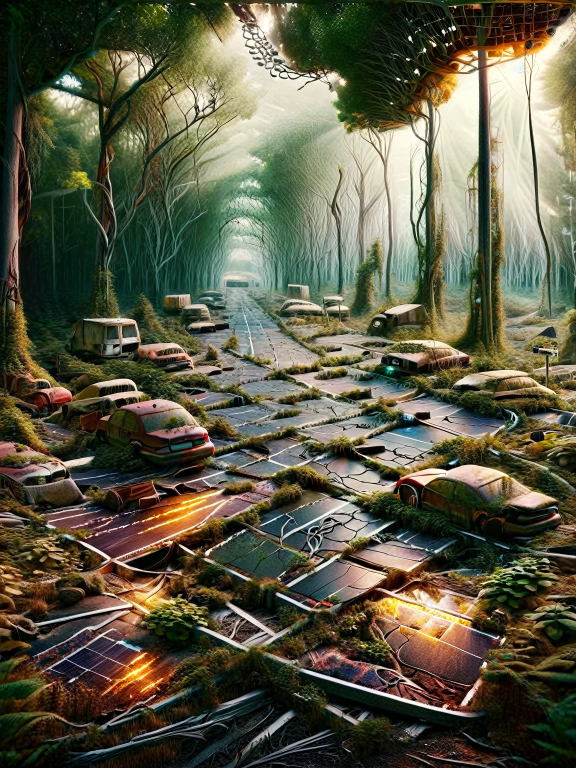 create a double lane road with solar panels embedded in the ground and cars roll on it the road goes through a forest