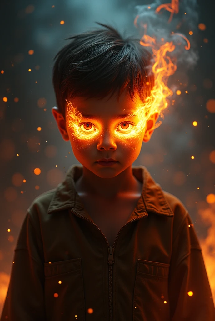 A boy release fire from his eyes