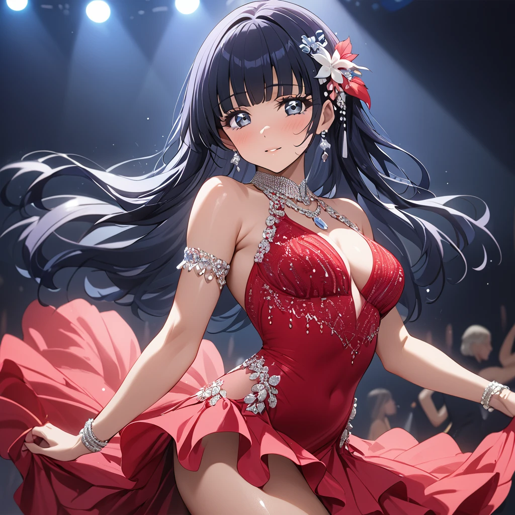 ((Highest quality)), ((masterpiece)), (detailed), (Perfect Face)、The woman is Reika Aoki with semi-long hair、Woman wears Latin dance dress in South America