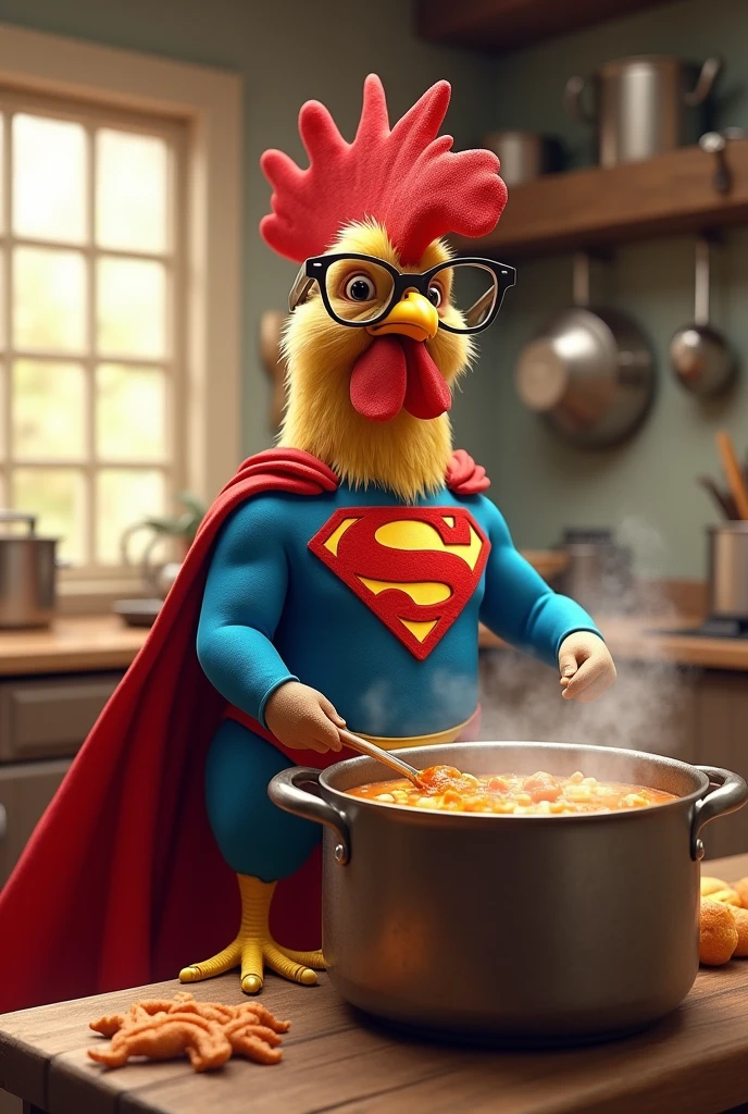 A hen wearing glasses and superman suit
in slams and cooking suop