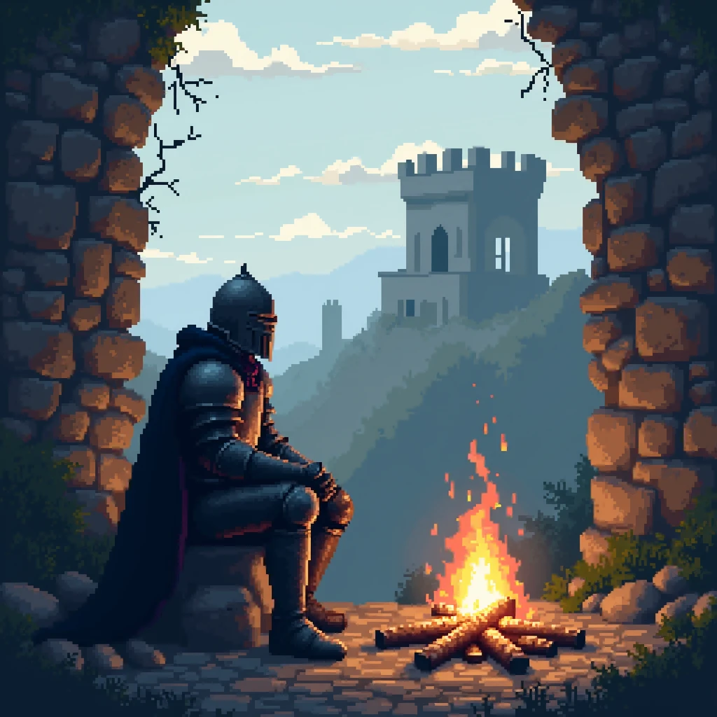 Very early in the morning near a ruined castle a knight in dark medium-heavy armor sits by a fire in pixel art