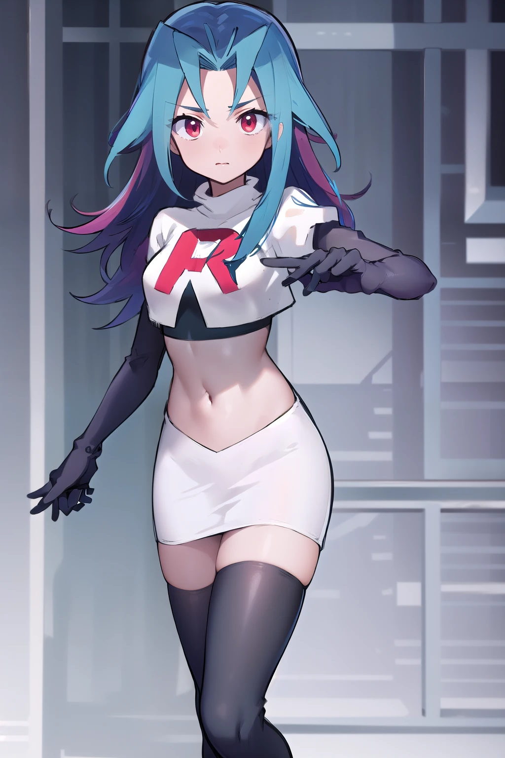 masterpiece, best quality, highres, kr1, multicolored hair, dyed bangs, team rocket,team rocket uniform,white skirt,red letter R,crop top,black thigh-highs,black elbow gloves, cowboy shot, 