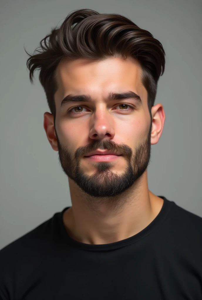 A young man with normal hair style and beard and wearing a black shirt