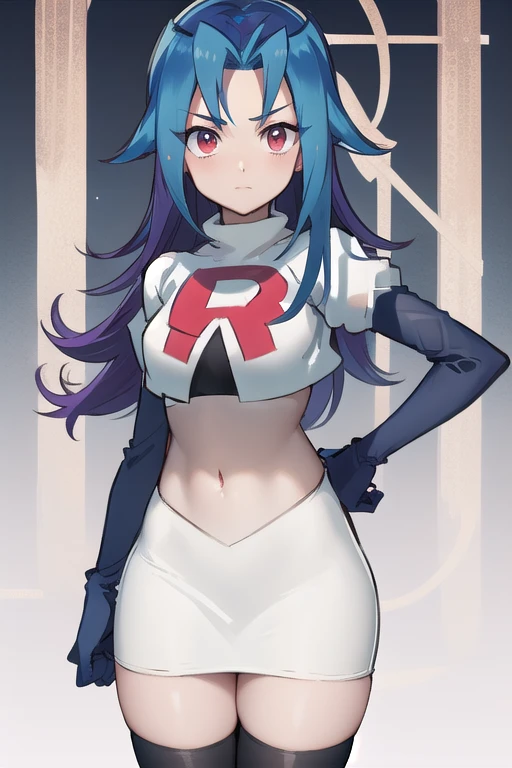 masterpiece, best quality, highres, kr1, multicolored hair, dyed bangs, team rocket,team rocket uniform,white skirt,red letter R,crop top,black thigh-highs,black elbow gloves, cowboy shot,