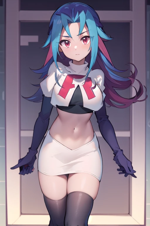 masterpiece, best quality, highres, kr1, multicolored hair, dyed bangs, team rocket,team rocket uniform,white skirt,red letter R,crop top,black thigh-highs,black elbow gloves, cowboy shot,