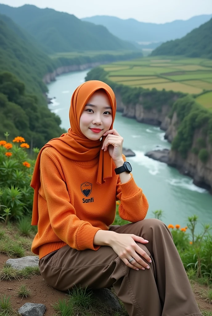 Beautiful Korean girl, smooth white skin, well-groomed face, thin smile, orange hijab, orange knitted shirt, SANTI logo motif, brown cargo pants, cool black watch, posing, sitting on a very high mountain peak, with very beautiful detailed views , background from above the river. flowing fast from the waterfall.. Trees, green and spacious rice fields, cliffs covered with moss and beautiful flowers, original photos,