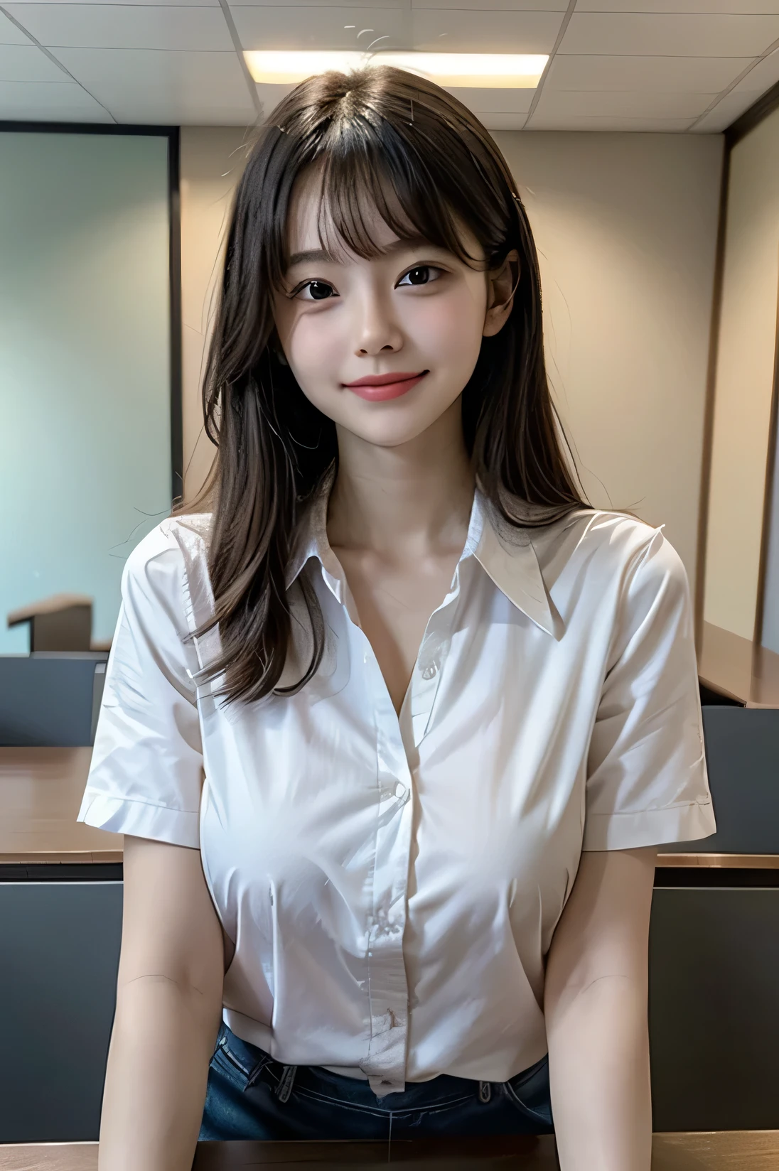 Tabletop, masterpiece, top quality, high resolution, HDR, 8k, very beautiful Japanese girl in casual office shirt, black hair, bangs, ((big breasts)), concentrated face, smile, happy, random pose, perfect