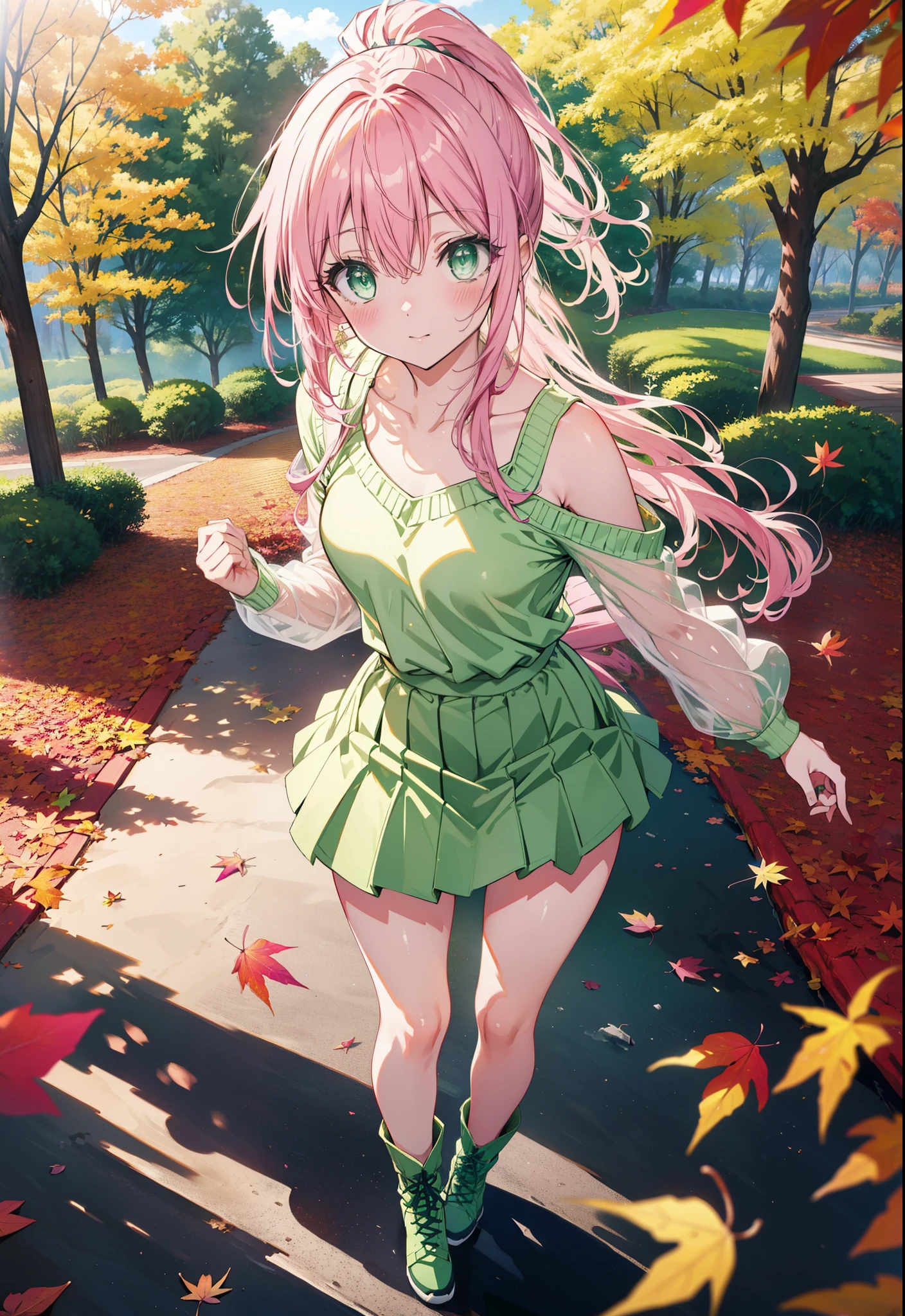 Laladevi Luke, Lara Deviluke, Long Hair, Pink Hair, tail, Ahoge, bangs, hair ornaments, (Green Eyes:1.5), smile,Open your mouth,ponytail,Open your mouth,blush,
break demon tail, One-shoulder sweater,mini skirt,black tights, short boots,autumn leaves,autumn leavesが散っている,autumn leavesが積もっている,Daytime,Clear skies,whole bodyがイラストに入るように,
break outdoors, forest,
break looking at viewer, whole body,
break (masterpiece:1.2), Highest quality, High resolution, unity 8k wallpaper, (figure:0.8), (beautiful detailed eyes:1.6), extremely detailed face, Perfect lighting, extremely detailed CG, (Perfect hands, Perfect Anatomy),