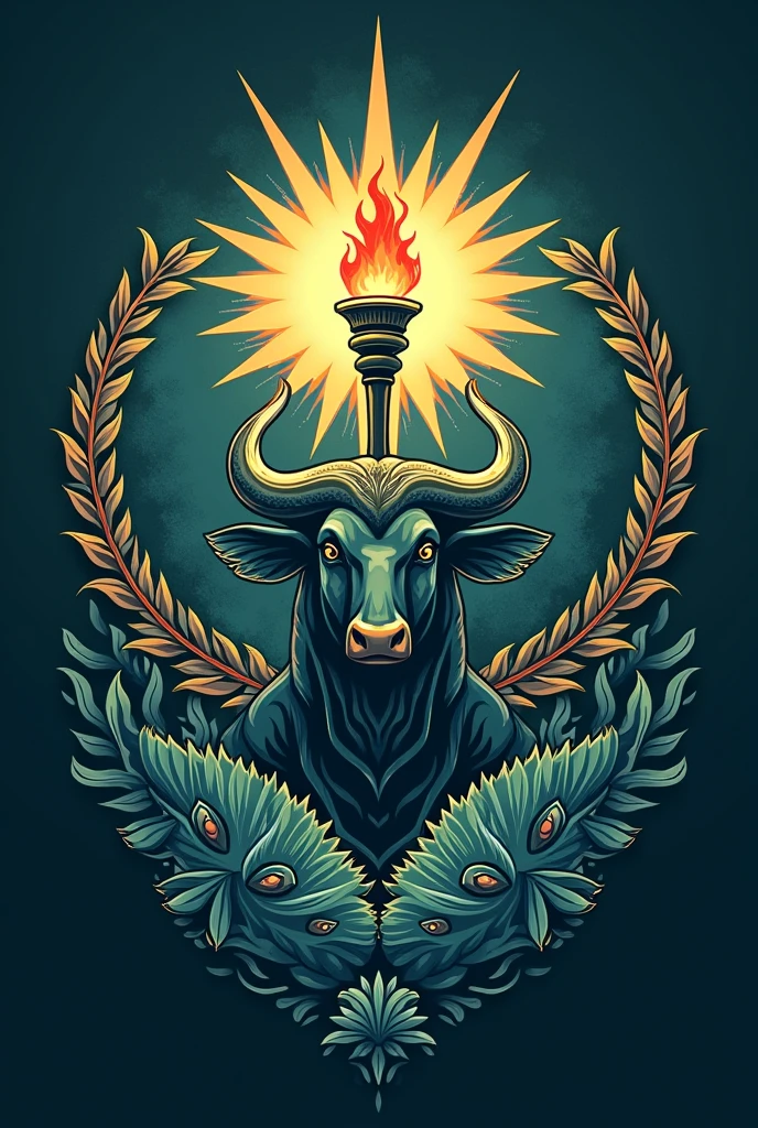 Create a visually compelling logo that combines elements of a water buffalo and a fish, incorporating blue and green colors, and features a torch, laurel, and seven sunrays.