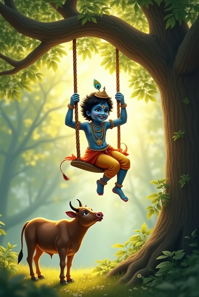 Childhood cute Photo of Krishna ji swinging on a swing. More
