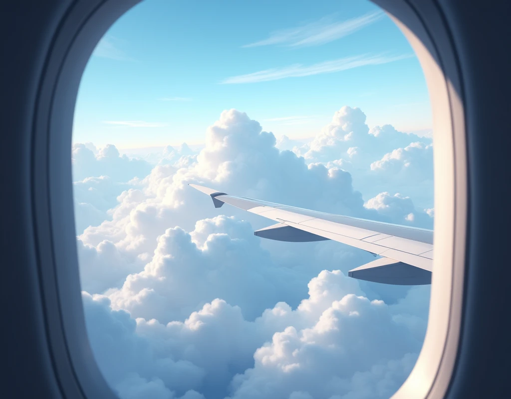 a beautiful landscape full of clouds seen from the window of an airplane flying through the skies