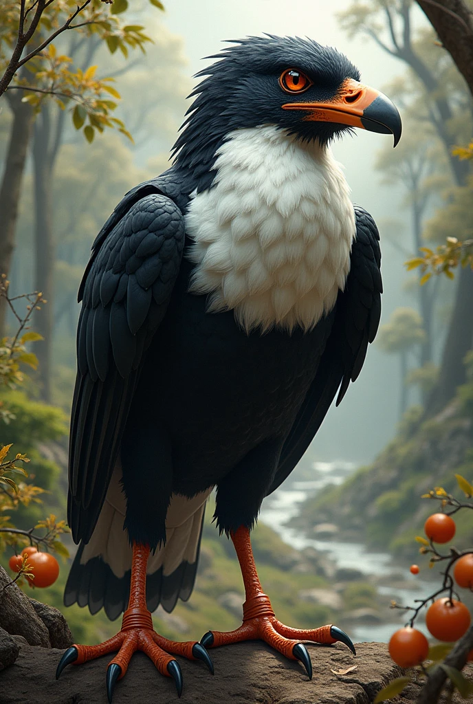Colombian mythological bird ,black and white ,big sparrow type,with a long tail simulating having three feet ,fiery gaze and iron beak ,eagle claws