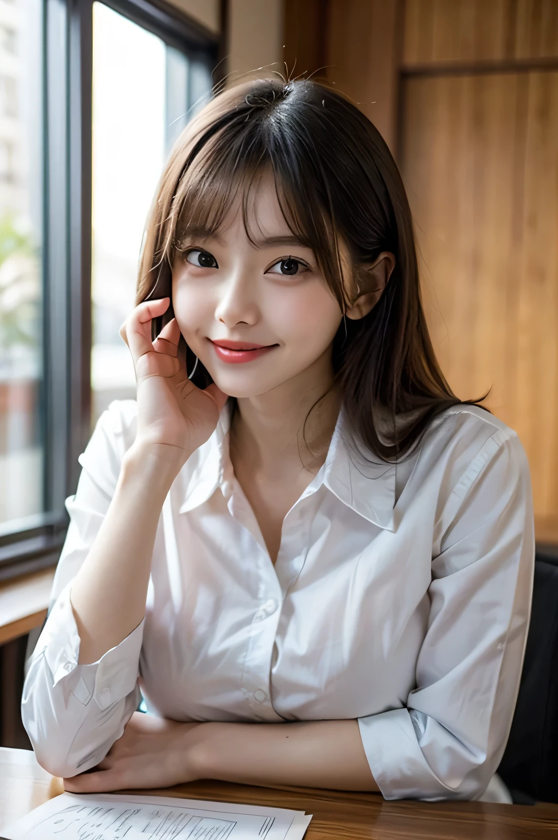 Tabletop, masterpiece, top quality, high resolution, HDR, 8k, very beautiful Japanese girl in casual office shirt, black hair, bangs, ((big breasts)), concentrated face, smile, happy, random pose, perfect