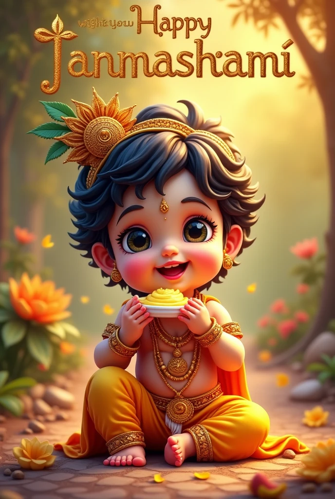 Generate Kanhaiyya, kid avatar of Krishna eating makhhan and wearing gold

And also write " G M Rokade Jewellers wishes you Happy Janmashtami" above krishna in eye catching font