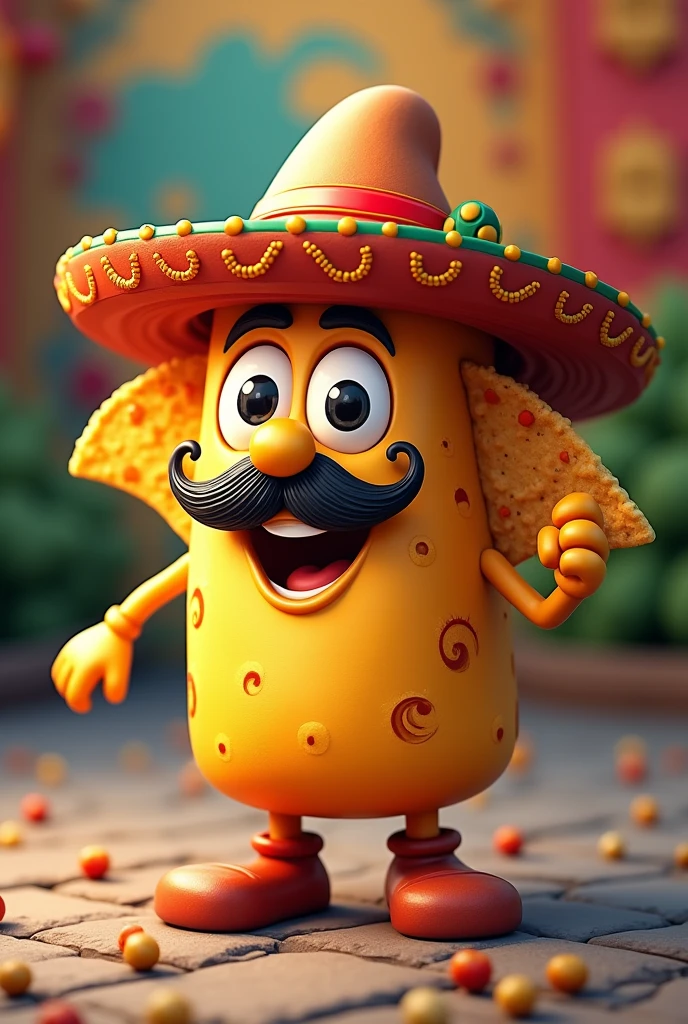 Create a logo of a happy Mexican nacho with mustache, Charro hat, legs and hands