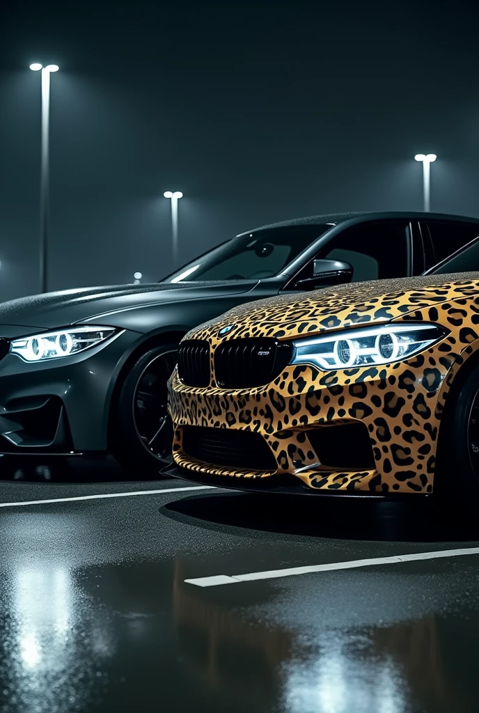 A highly realistic image of two bmw cars viewed from the front, parked side by side in a dimly lit parking lot at night. Both cars have their headlights on, illuminating the area in front of them. The first car on the left is a sleek, matte black vehicle with an aggressive, modern design. The second car on the right has a striking leopard print exterior, bold and eye-catching. The parking lot has typical features like marked parking spaces, and there are faint reflections on the wet asphalt from the cars' lights